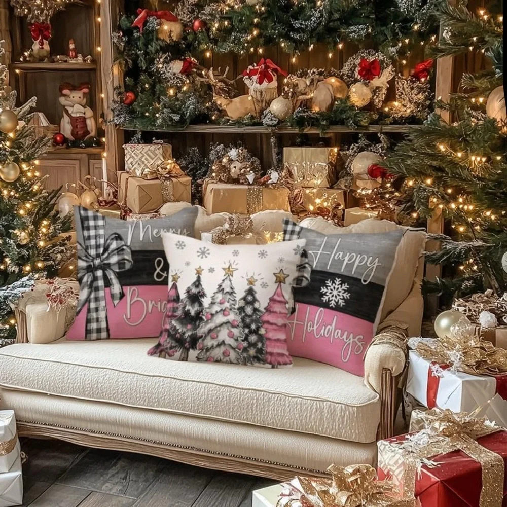 Festive Holiday Throw Pillow Covers Set - Pink, Black, & White Super Cute NEW 💕🩷